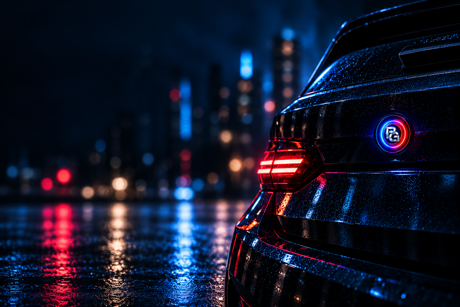 Visualisierung eines dunklen Fahrzeughecks mit leuchtendem BimmerGlow-Emblem